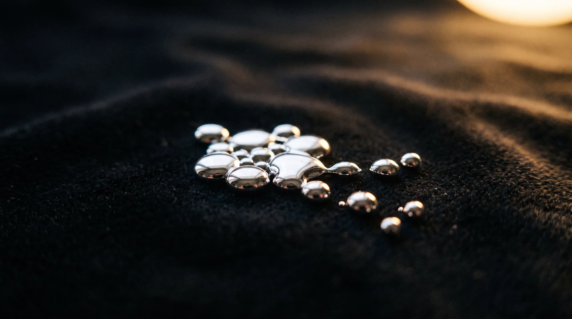 Macro photograph of liquid mercury beads