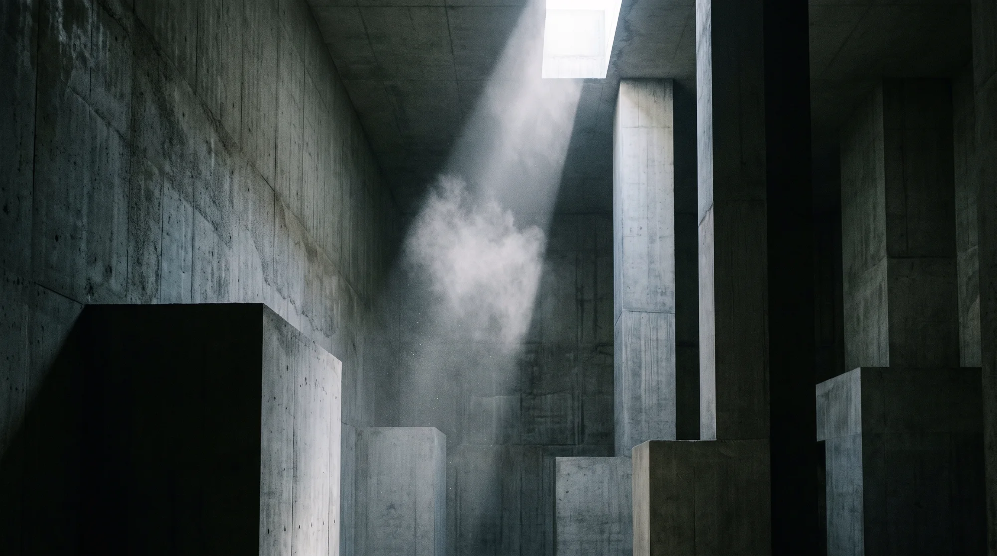 A concrete vault interior lit by a single shaft of daylight